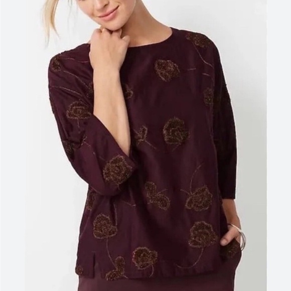 J. Jill Tops - Pure J Jill Brown Wine Color Valley Floral Embroidered Boho Boxy Top Sz XL